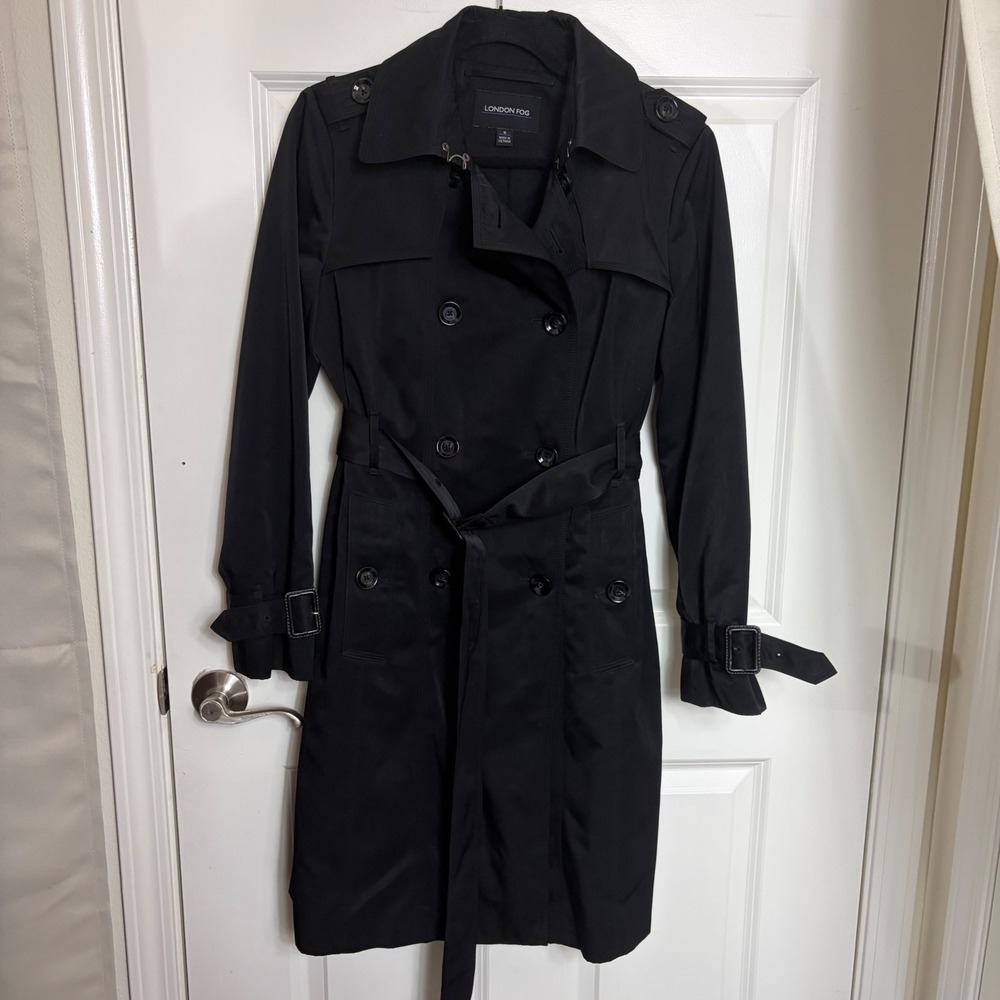 London Fog Womens Black Double Breasted Trench Coat with Removable Liner Size S